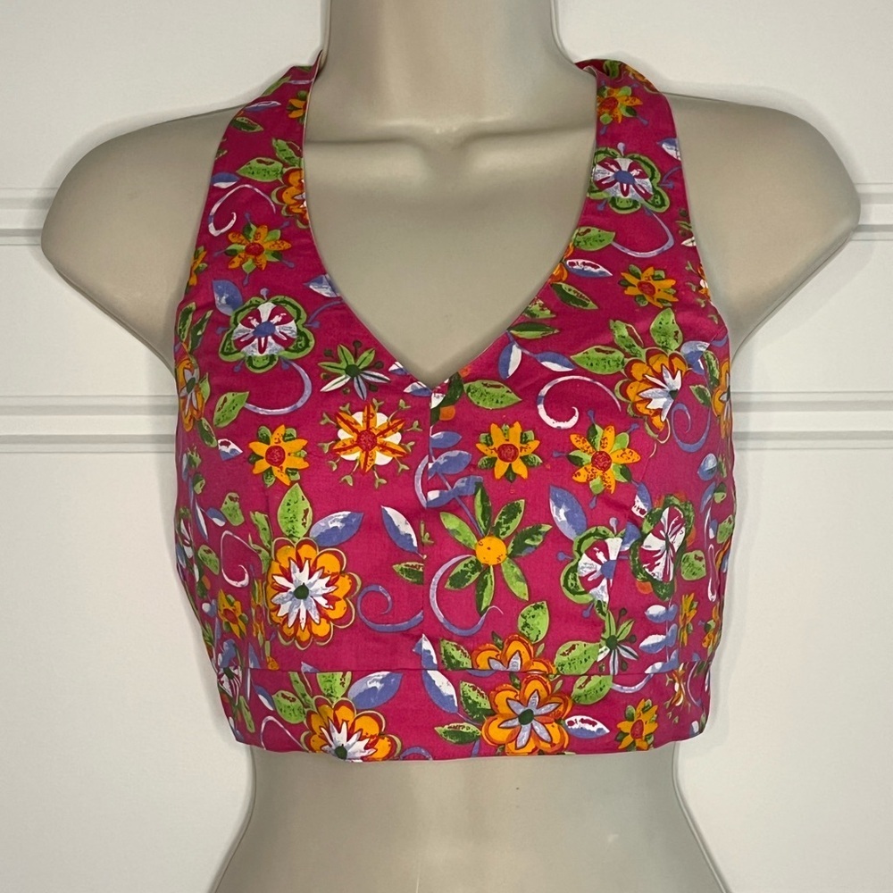 Vintage Y2K My Michelle Pink Floral Print Cropped V Neck Halter Top Retro 90’s S